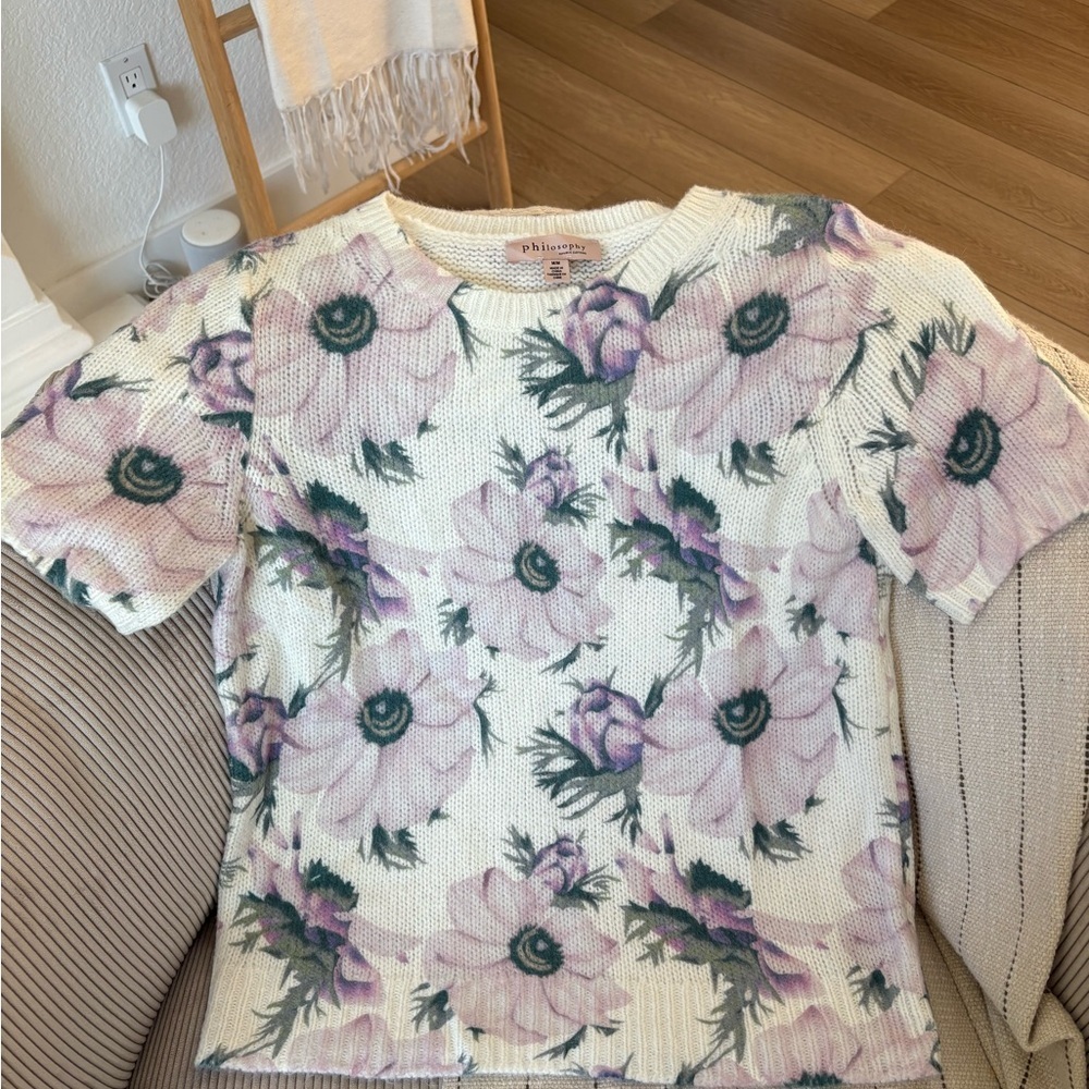 Philosophy White Knit Top with Pink & Green Floral Print